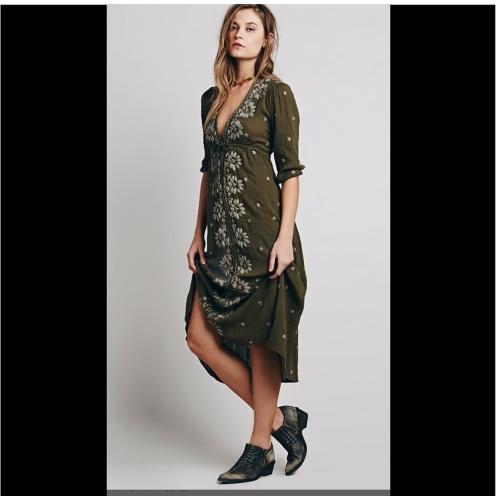 Free People Embroidered Fable Dress Olive Green Floral small cinch waist